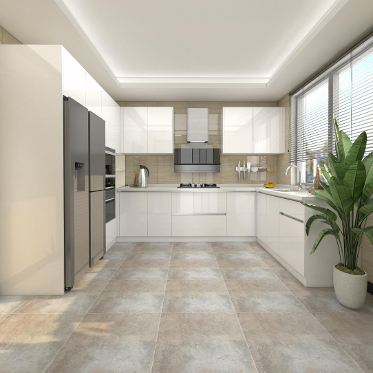 Denco22 White High-Gloss Kitchen Island with Marble Countertop