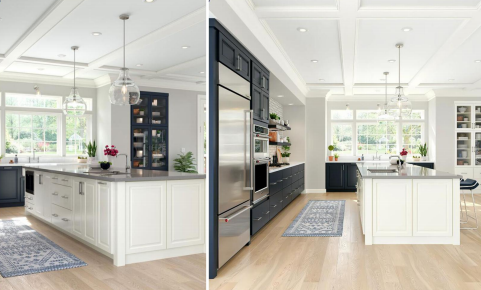 Denco29 Elegant Two-Tone Shaker Cabinetry – Navy & White for a Sophisticated Kitchen & Bath