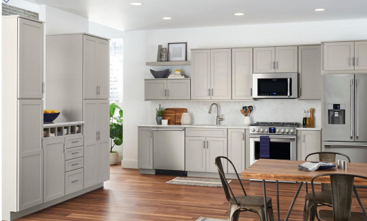 Denco27 Classic American Custom Kitchen Cabinets – Light Grey Raised Panel for a Warm, Timeless Kitchen