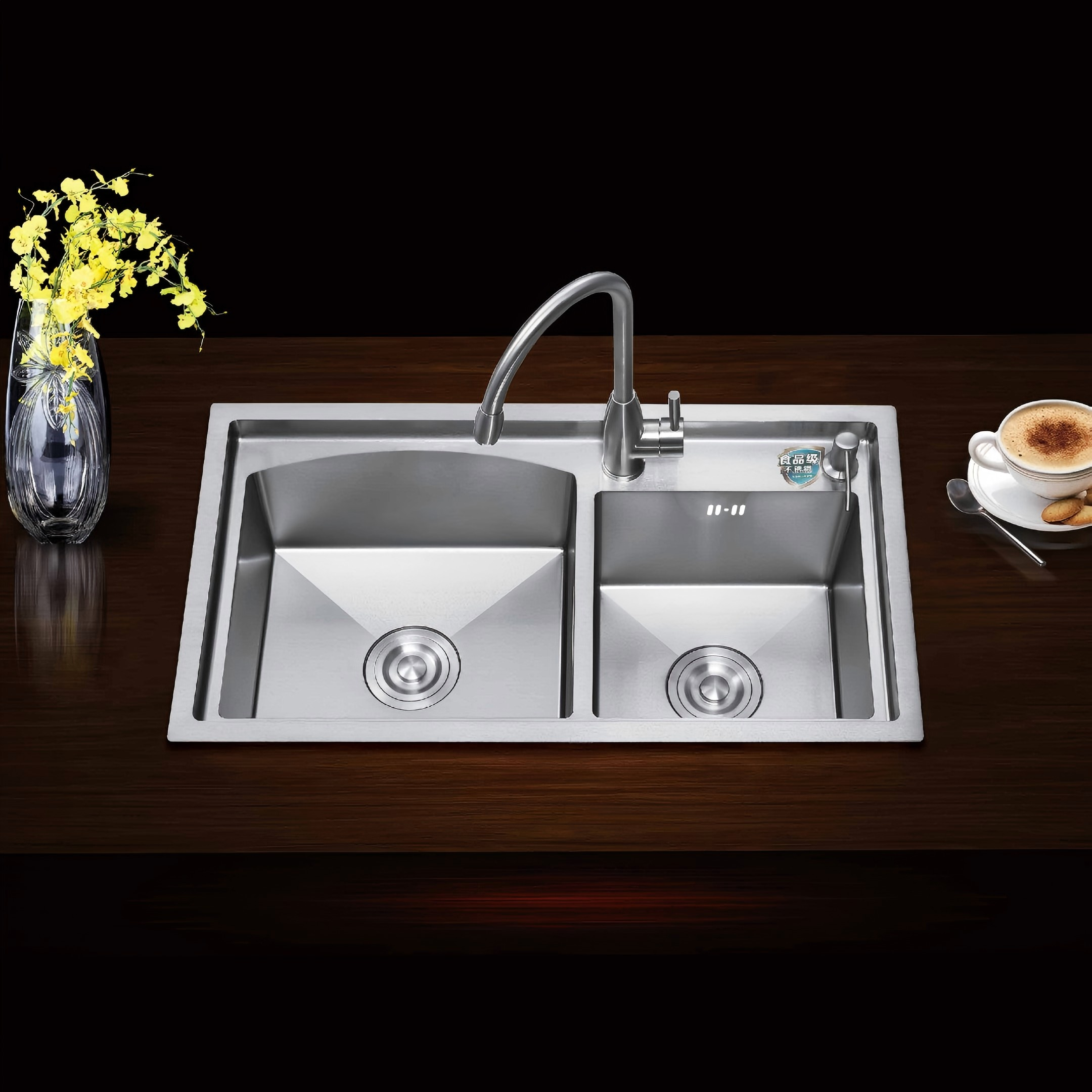 KRP-901 Handmade Double Bowl Kitchen Sink | Nano Silver Arc Step Basin