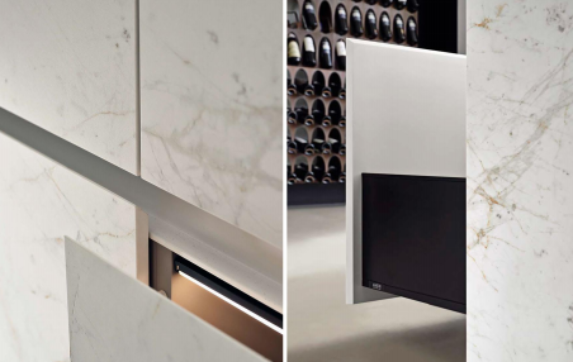Denco-11 Custom Minimalist White Kitchen Cabinets with Marble Island - Sleek Modern Storage