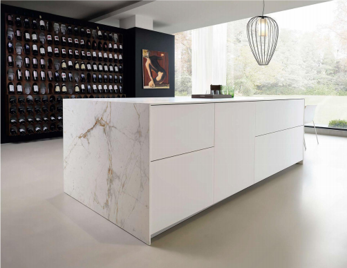 Denco-11 Custom Minimalist White Kitchen Cabinets with Marble Island - Sleek Modern Storage