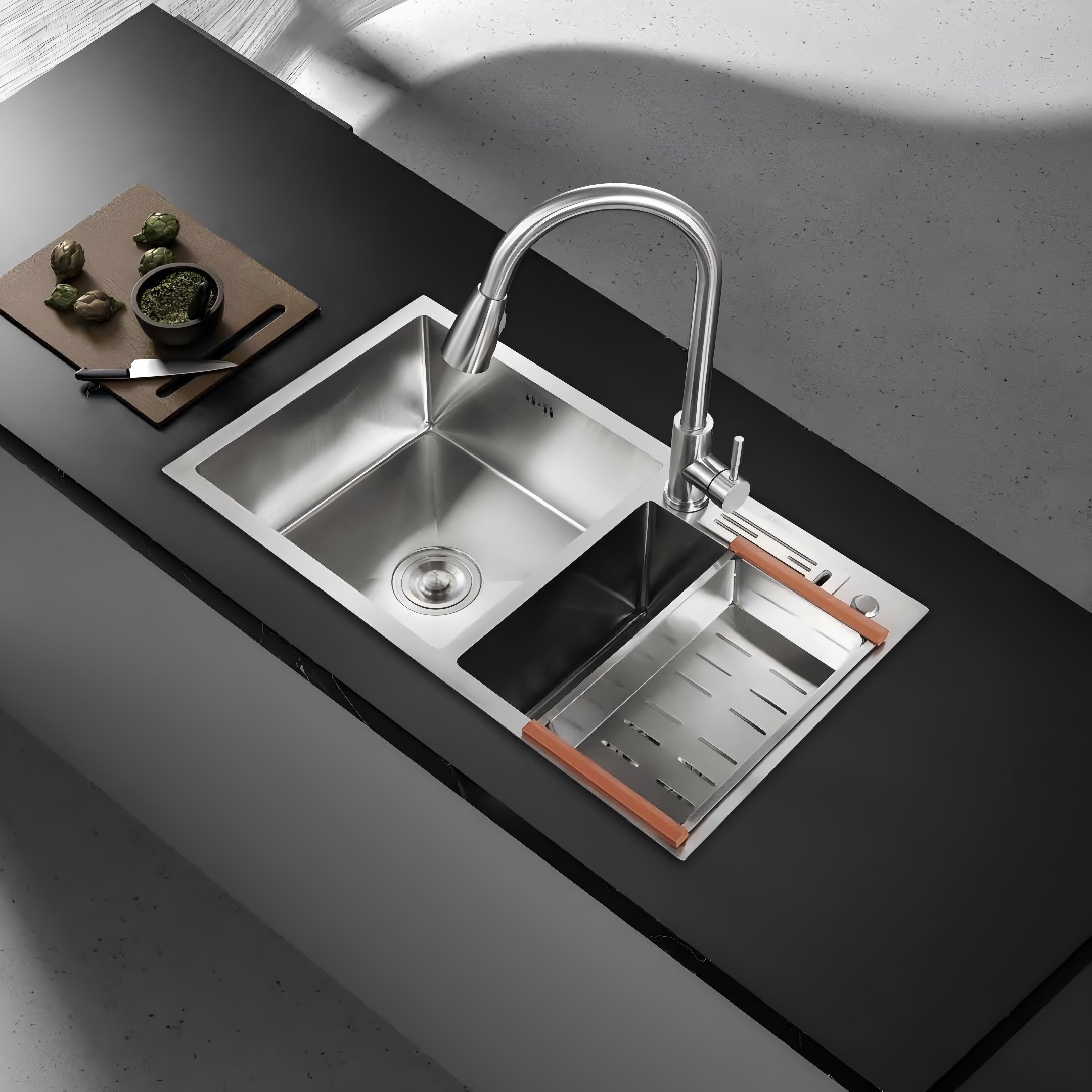 KRP-805  Handmade Stainless Steel Kitchen Sink with Knife Rack & Draining Board – 750/780/800mm Options