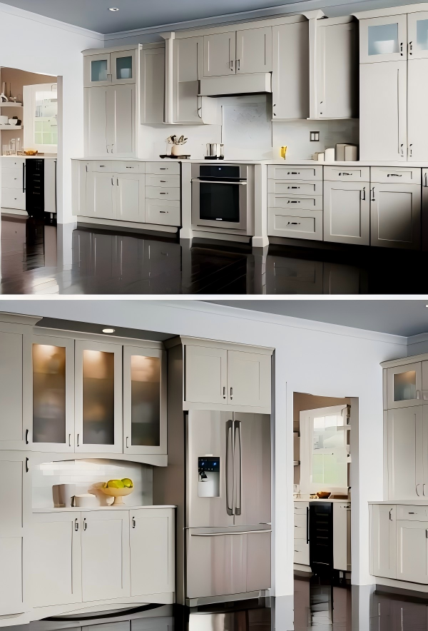 Denco27 Classic American Custom Kitchen Cabinets – Light Grey Raised Panel for a Warm, Timeless Kitchen