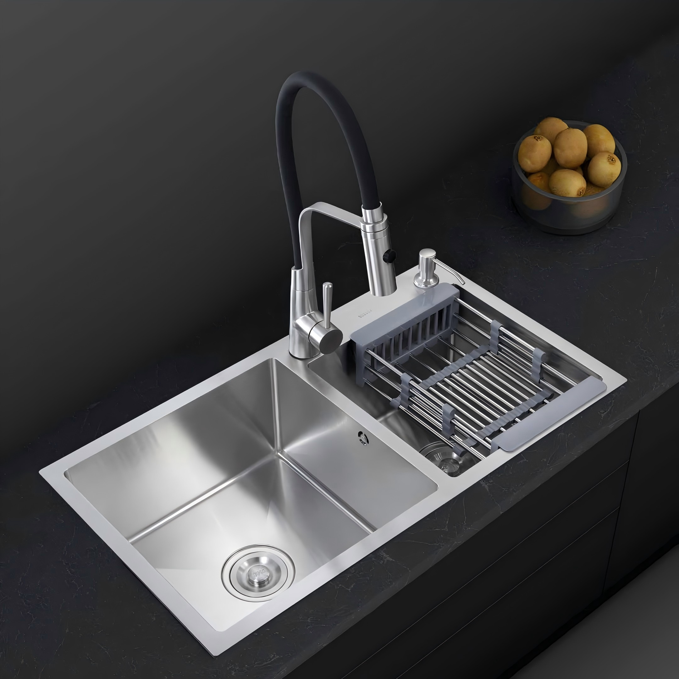 KRP-807  Food-Grade 304 Stainless Steel Handmade Kitchen Sink with Integrated Drain System – Multiple Sizes Available