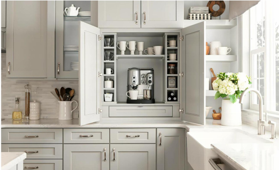 Denco27 Classic American Custom Kitchen Cabinets – Light Grey Raised Panel for a Warm, Timeless Kitchen