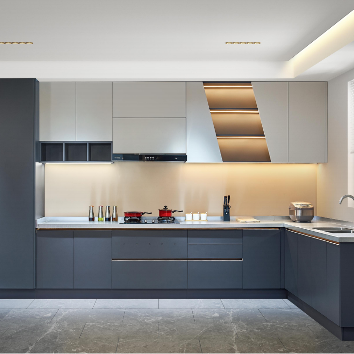 Denco4 Modern Dark Grey L-Shaped Kitchen Cabinet Set with Intelligent Storage & Concealed Range Hood