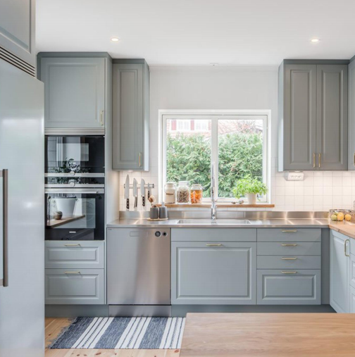 Denco31 Luxury Light Grey Shaker Kitchen Cabinets | Brass Hardware & Stainless Steel Countertops
