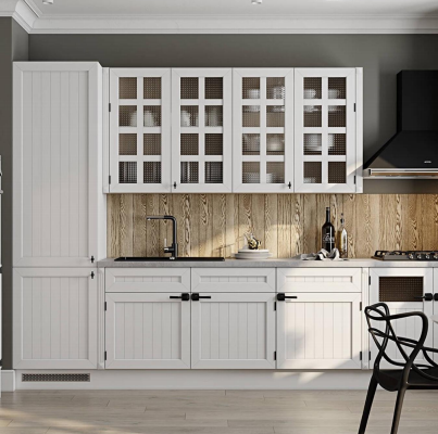Denco23 White Shaker Glass Door Kitchen Cabinets | Farmhouse Rustic Style with Black Hardware