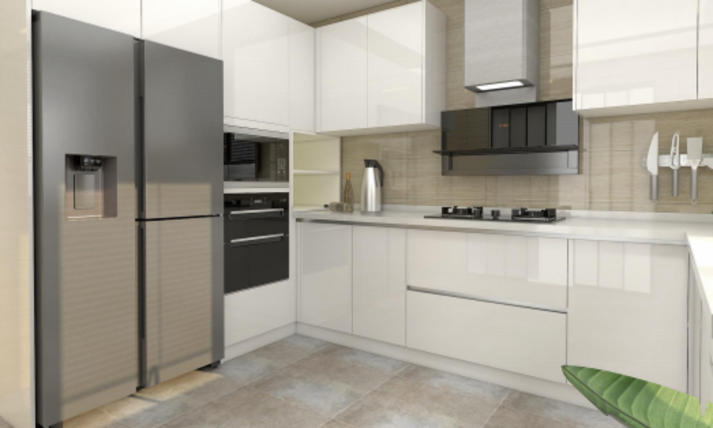 Denco22 White High-Gloss Kitchen Island with Marble Countertop