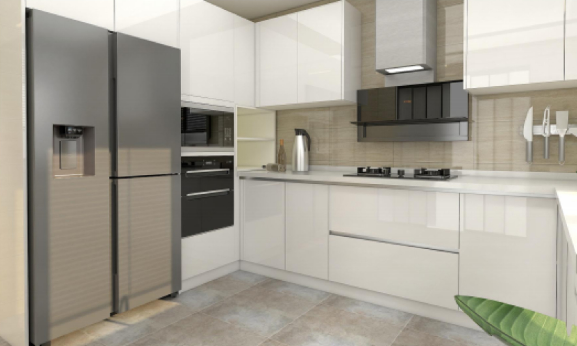Denco22 White High-Gloss Kitchen Island with Marble Countertop