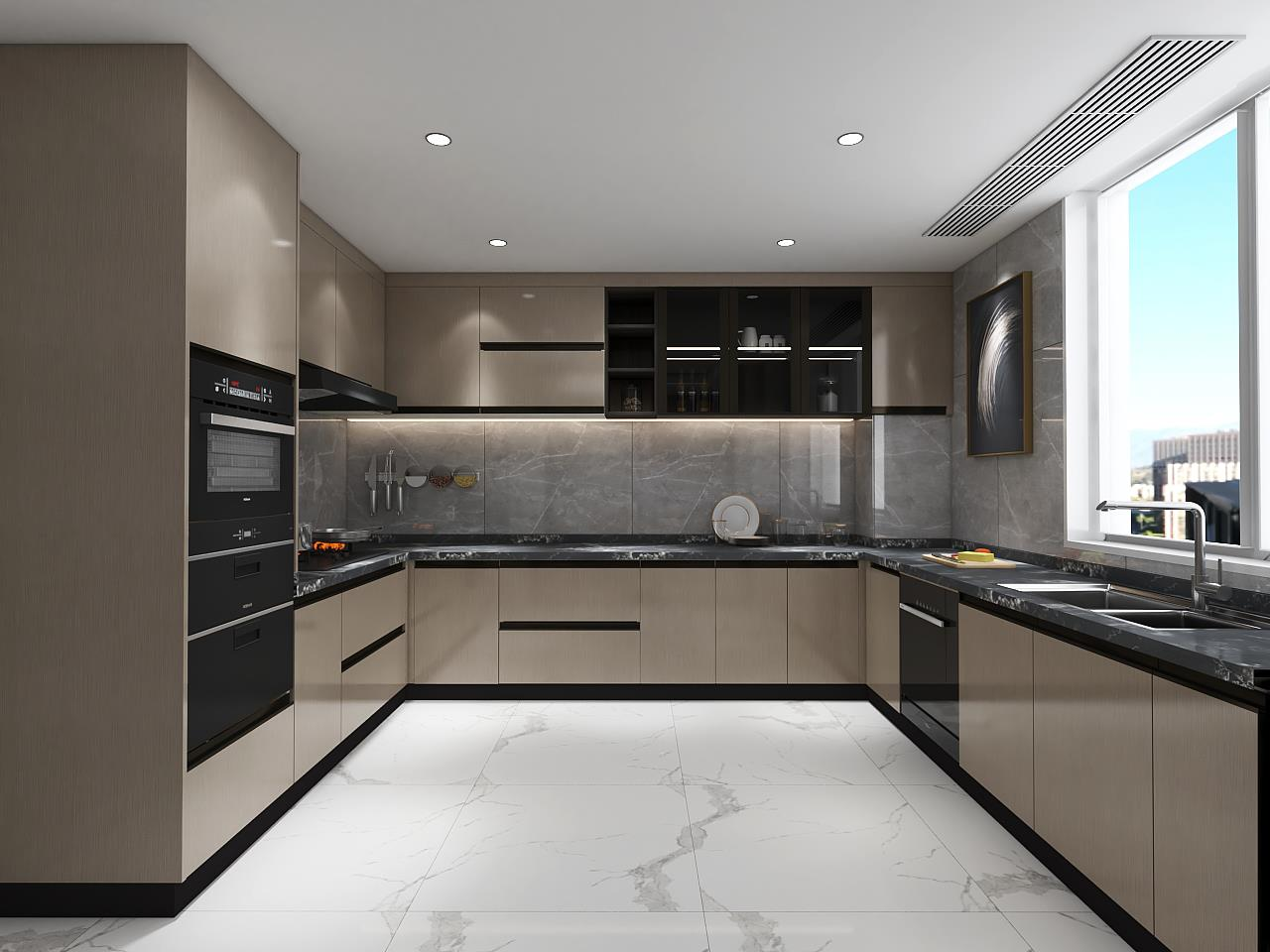 Cinia 200720 Luxury Modern Kitchen Cabinets | High-Gloss Finish with Marble Accents
