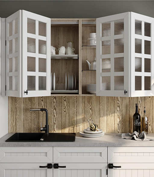 Denco23 White Shaker Glass Door Kitchen Cabinets | Farmhouse Rustic Style with Black Hardware