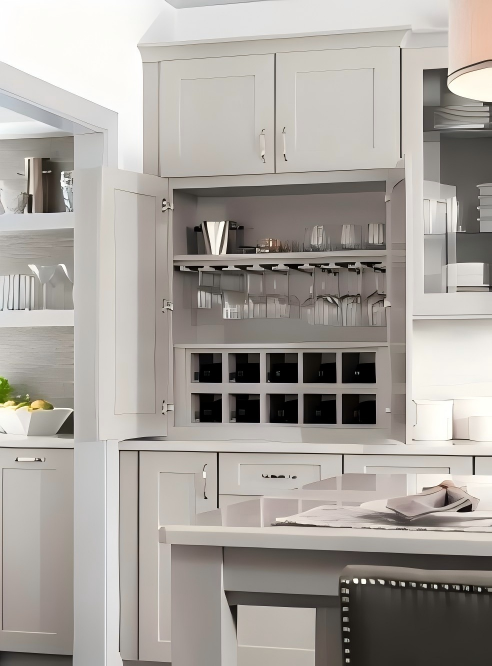 Denco27 Classic American Custom Kitchen Cabinets – Light Grey Raised Panel for a Warm, Timeless Kitchen