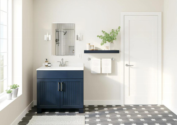 Denco29 Elegant Two-Tone Shaker Cabinetry – Navy & White for a Sophisticated Kitchen & Bath