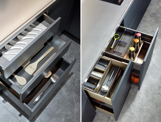 Denco4 Modern Dark Grey L-Shaped Kitchen Cabinet Set with Intelligent Storage & Concealed Range Hood