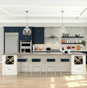 Denco29 Elegant Two-Tone Shaker Cabinetry – Navy & White for a Sophisticated Kitchen & Bath