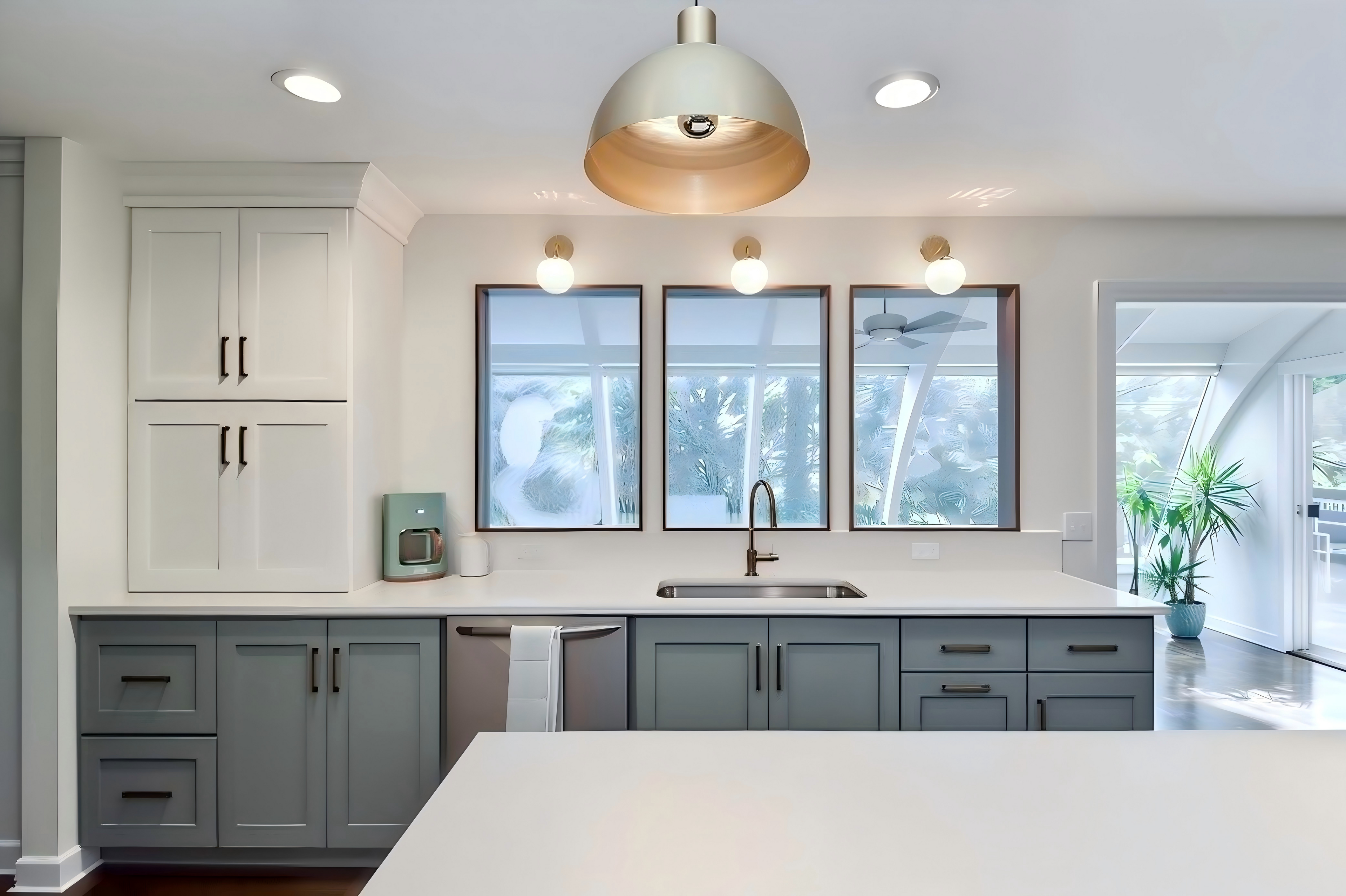 Denco24 Elegant Blue-Grey & White Shaker Cabinets – Brass Accents for a Timeless Modern Kitchen