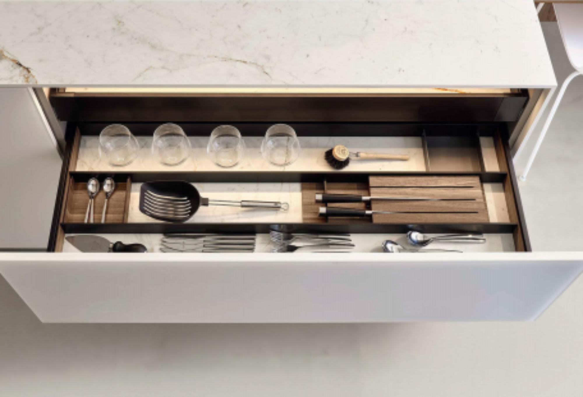 Denco-11 Custom Minimalist White Kitchen Cabinets with Marble Island - Sleek Modern Storage