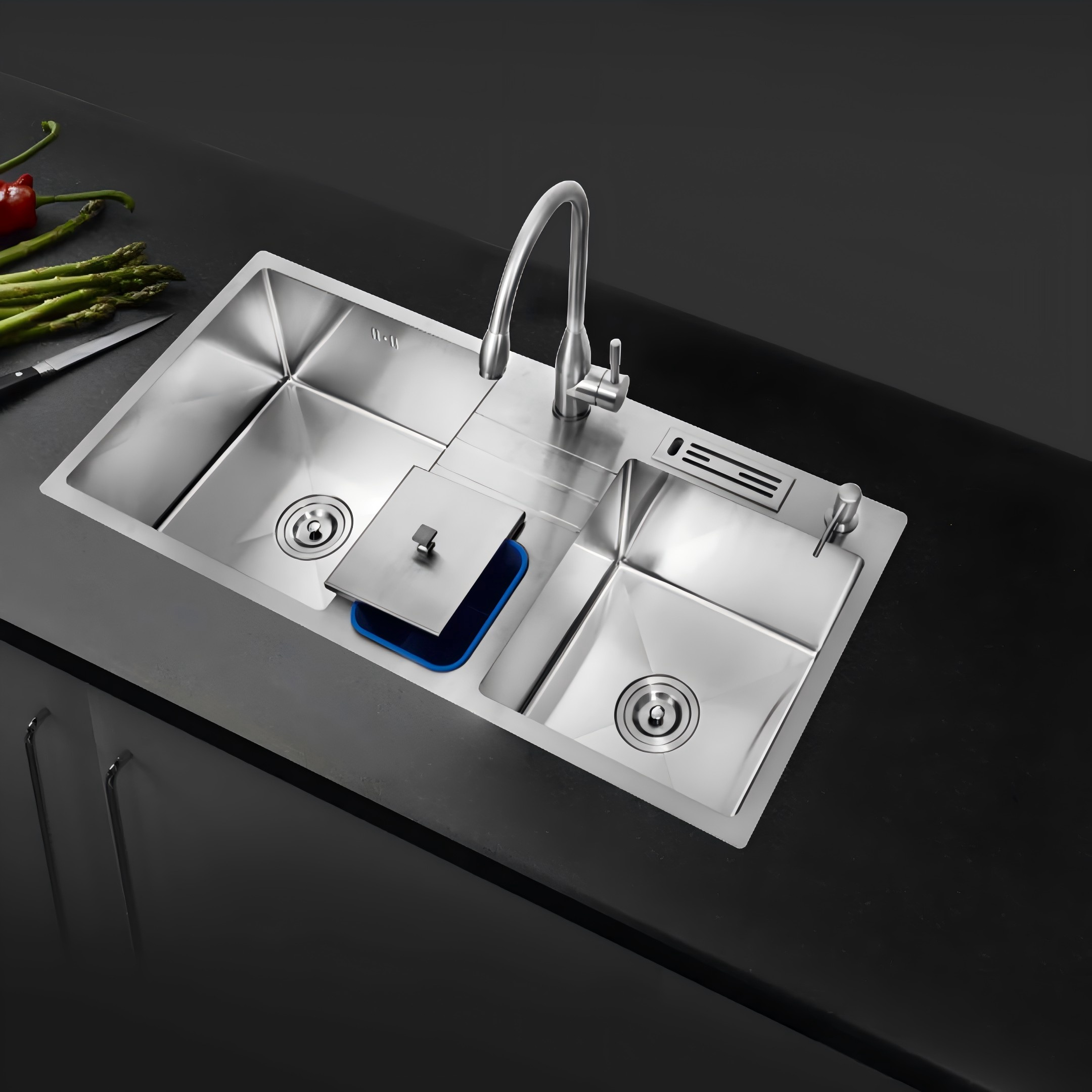 RP-113 Multifunctional Handmade Stainless Steel Kitchen Sink with Hidden Trash Bin & Knife Storage