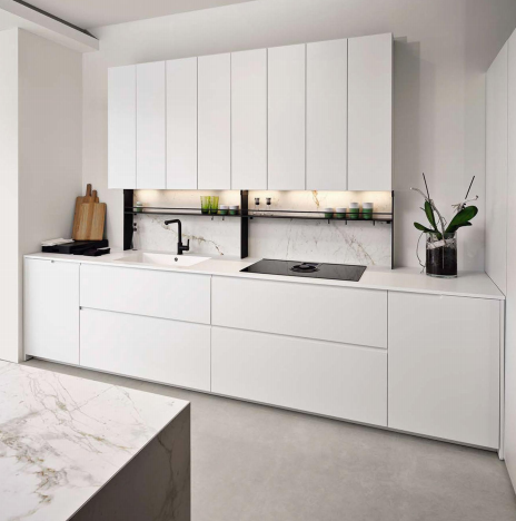 Denco-11 Custom Minimalist White Kitchen Cabinets with Marble Island - Sleek Modern Storage