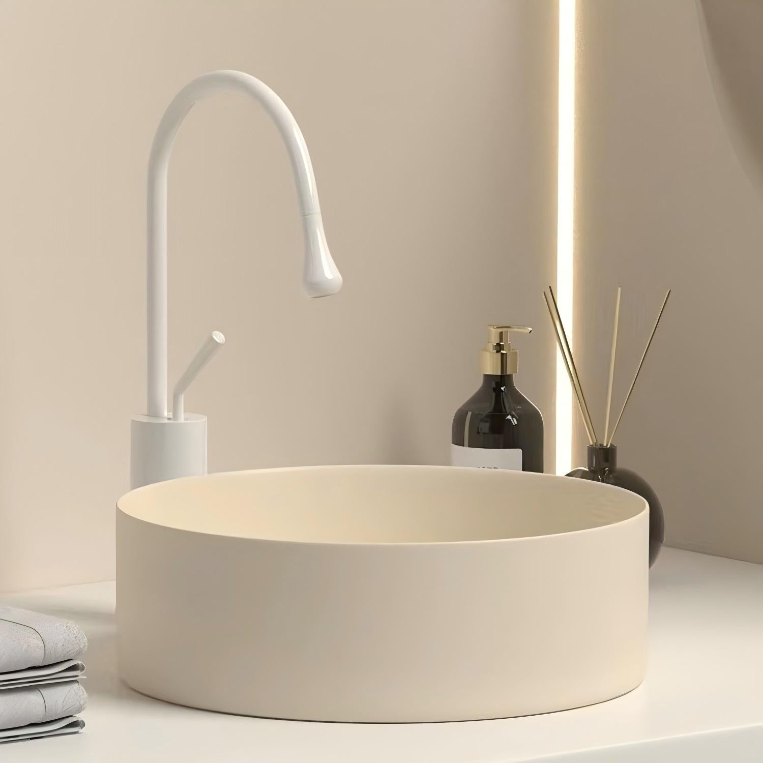 9514BG-007 Size-365x365x125mm Cream Matte Round Ceramic Vessel Sink- Yellow