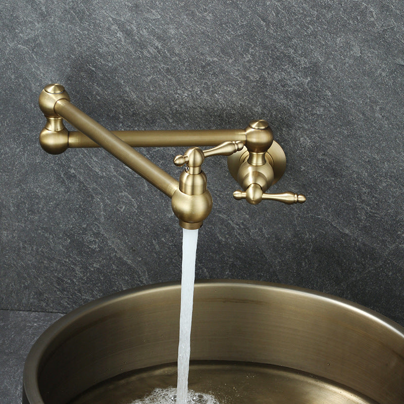 Model KF836BG Brushed Gold Wall Mount Pot Filler - Double Handle Foldable Swing Arm Kitchen Faucet