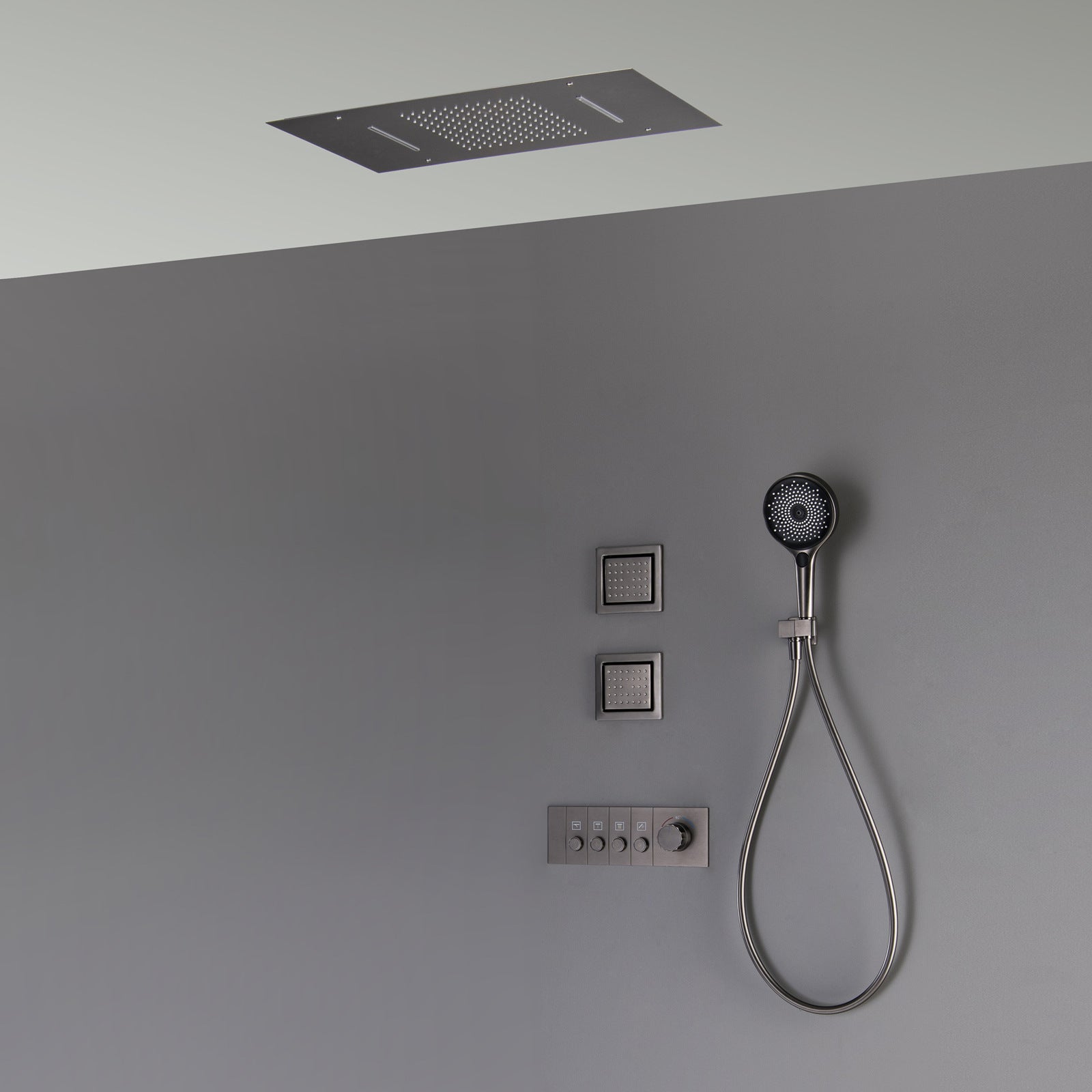92013GM Gun Metal Concealed Rain Shower System - Luxury Ceiling Mounted Shower Set with Handheld Spray
