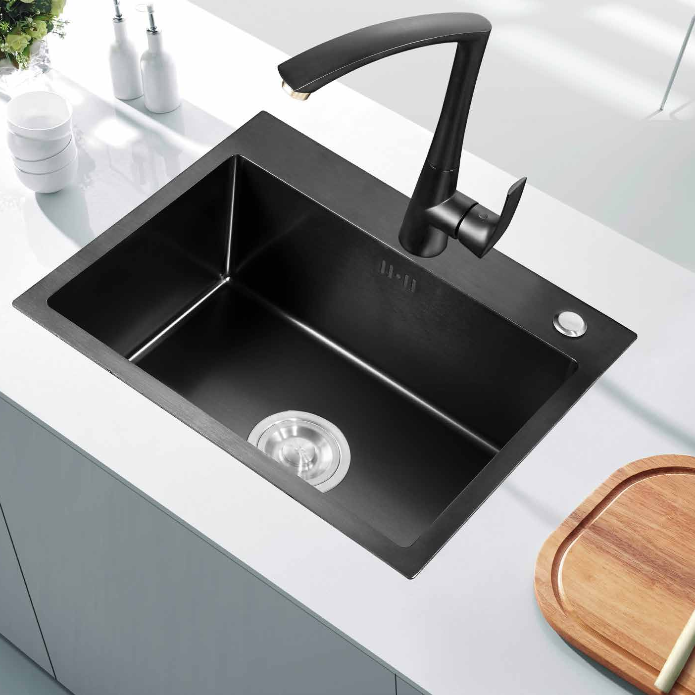 RP-108B Handwork Antibacterial Multi-Functional Metal Steel Kitchen Sink-Black