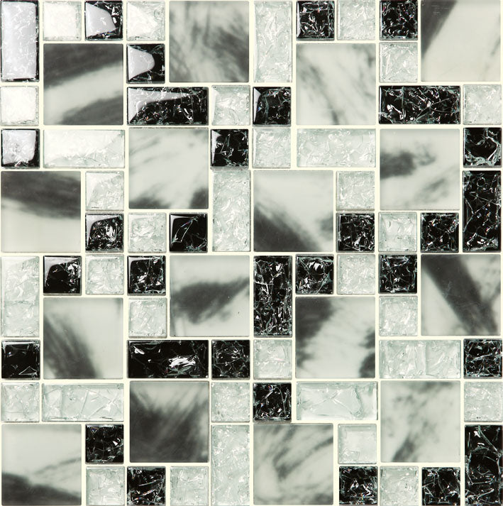 Model B2369A Black White Marble Cracked Glass Mosaic