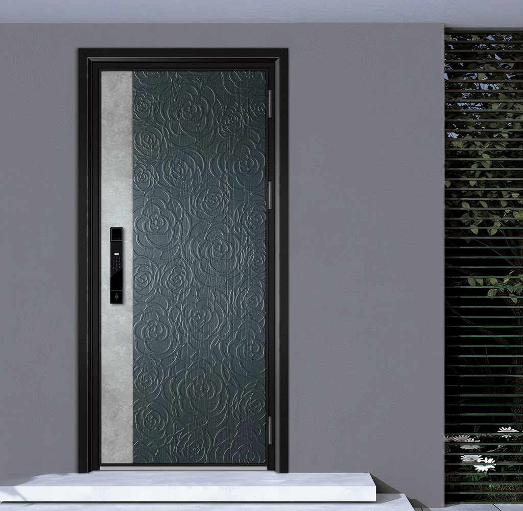 GH-9137 Modern Cast Aluminum Entry Door – Sapphire Blue with Stone Accent