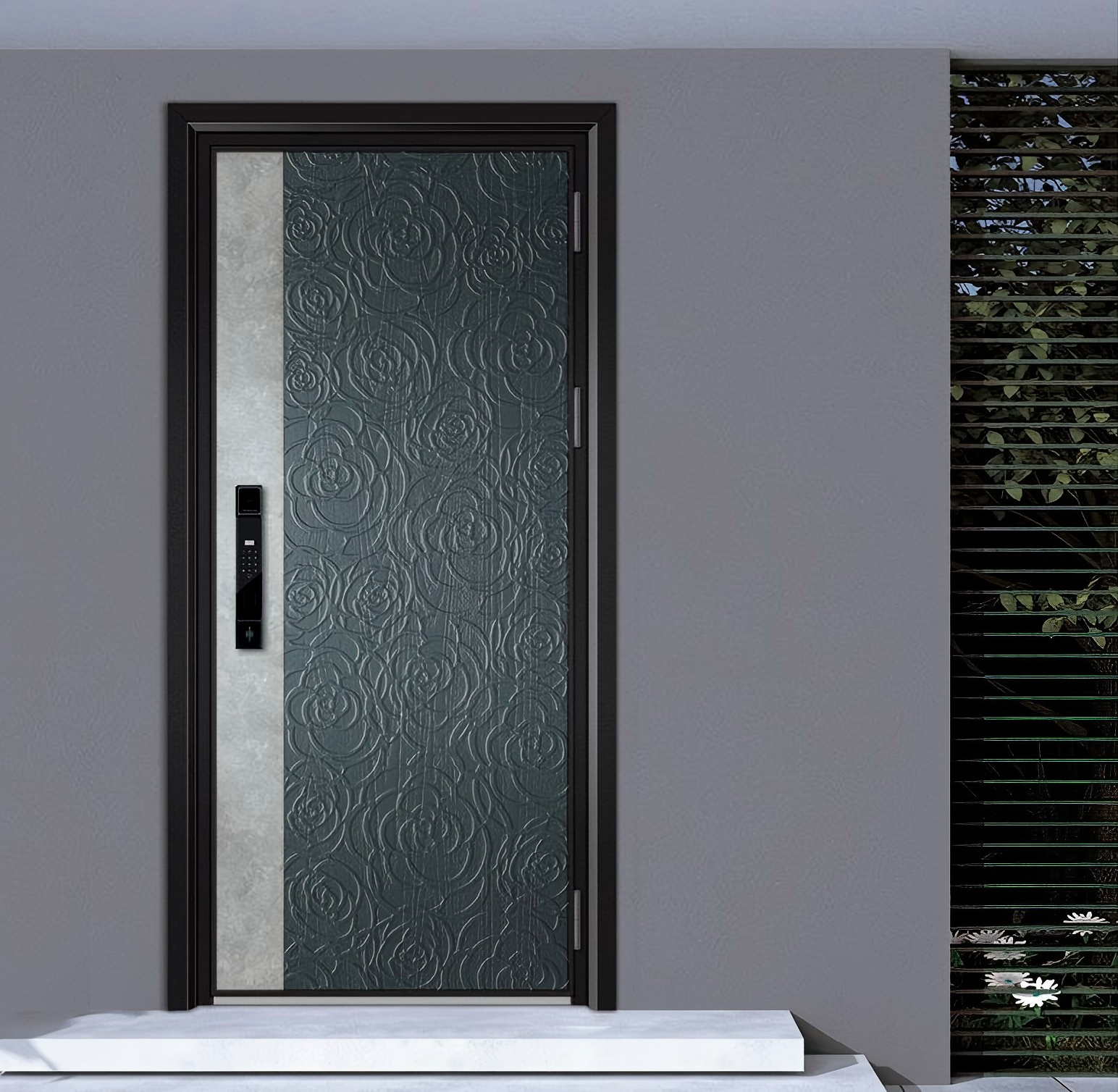 GH-9137 Modern Cast Aluminum Entry Door – Sapphire Blue with Stone Accent