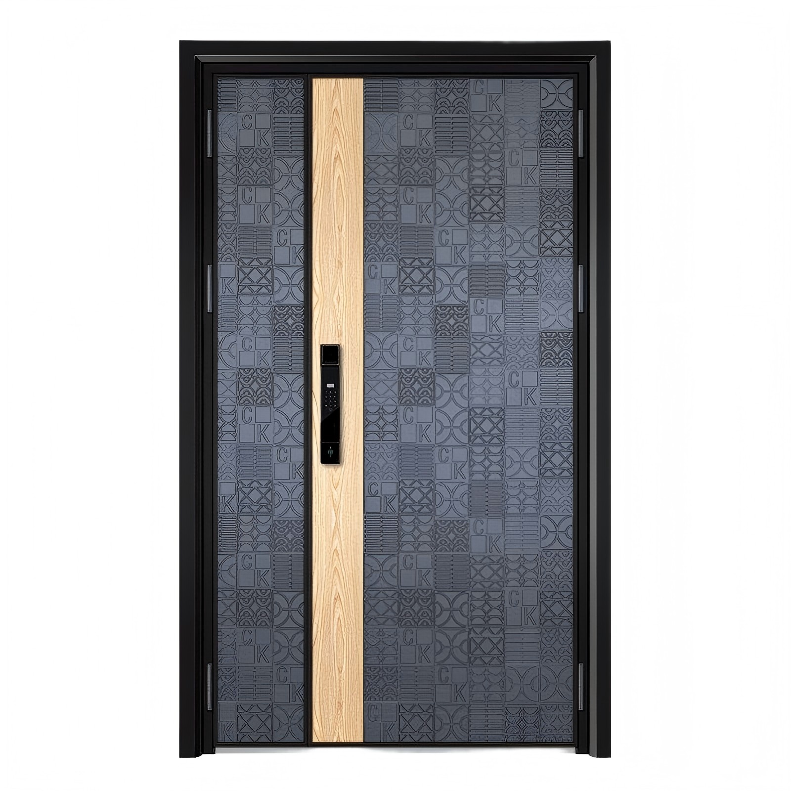 GH-9097 Modern Monogram Embossed Entry Door - Matte Blue-Silver with Oak Accent