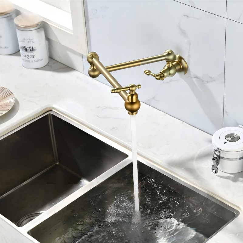 Model KF836BG Brushed Gold Wall Mount Pot Filler - Double Handle Foldable Swing Arm Kitchen Faucet