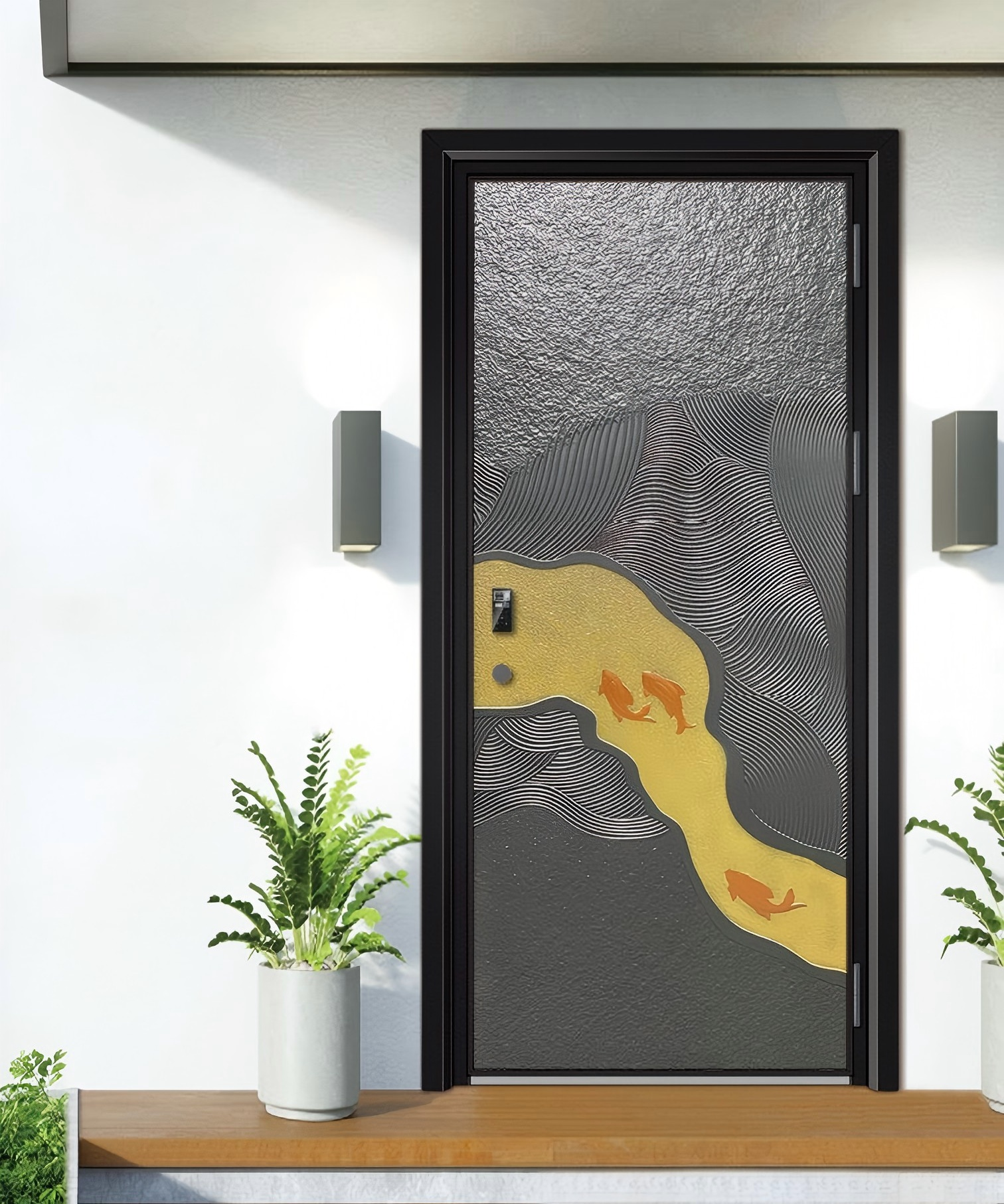 GH-9159 Artistic Wave & Koi Fish Entry Door – Titanium Gray with Gold Detailing
