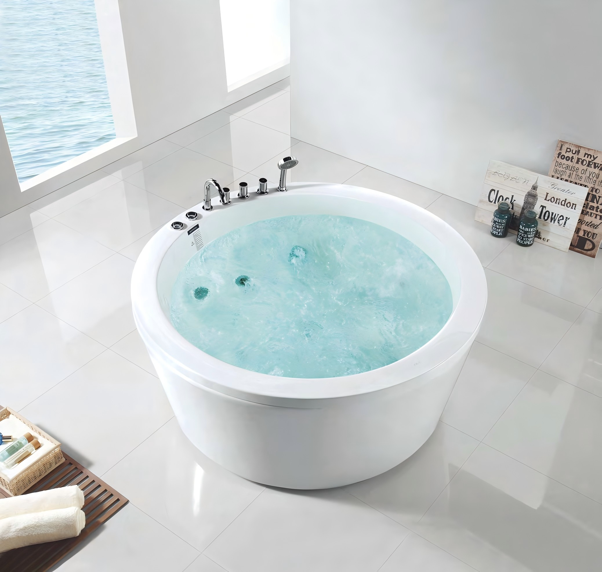 EM-283 Premium 1500mm Round Freestanding Massage Bathtub with LED Spa