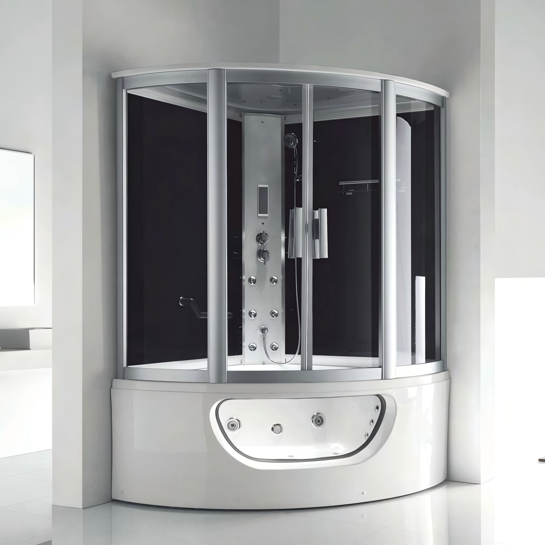 EM-119 1300x1300mm Corner Steam Shower Cabin with Whirlpool Bathtub, 3KW Steam System