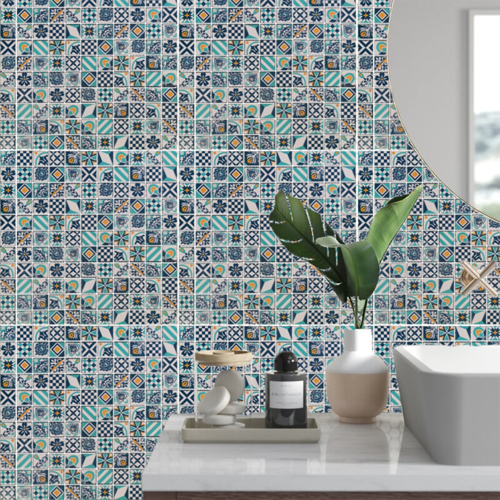 N31814 French Vintage Small Flower-Patterned Glass Mosaic Tiles-Cyan