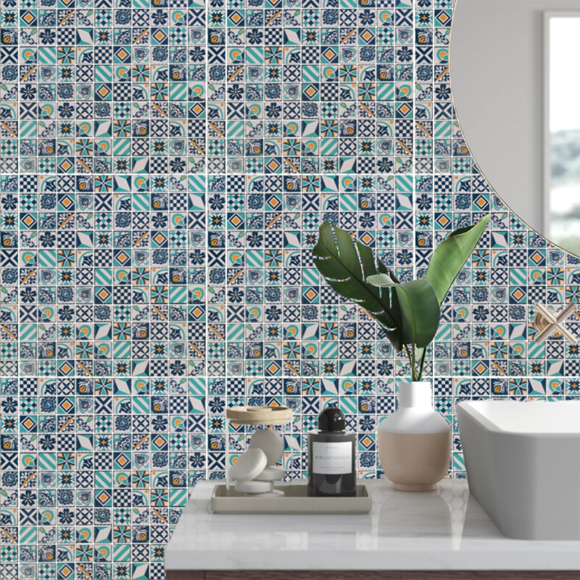 N31814 French Vintage Small Flower-Patterned Glass Mosaic Tiles-Cyan