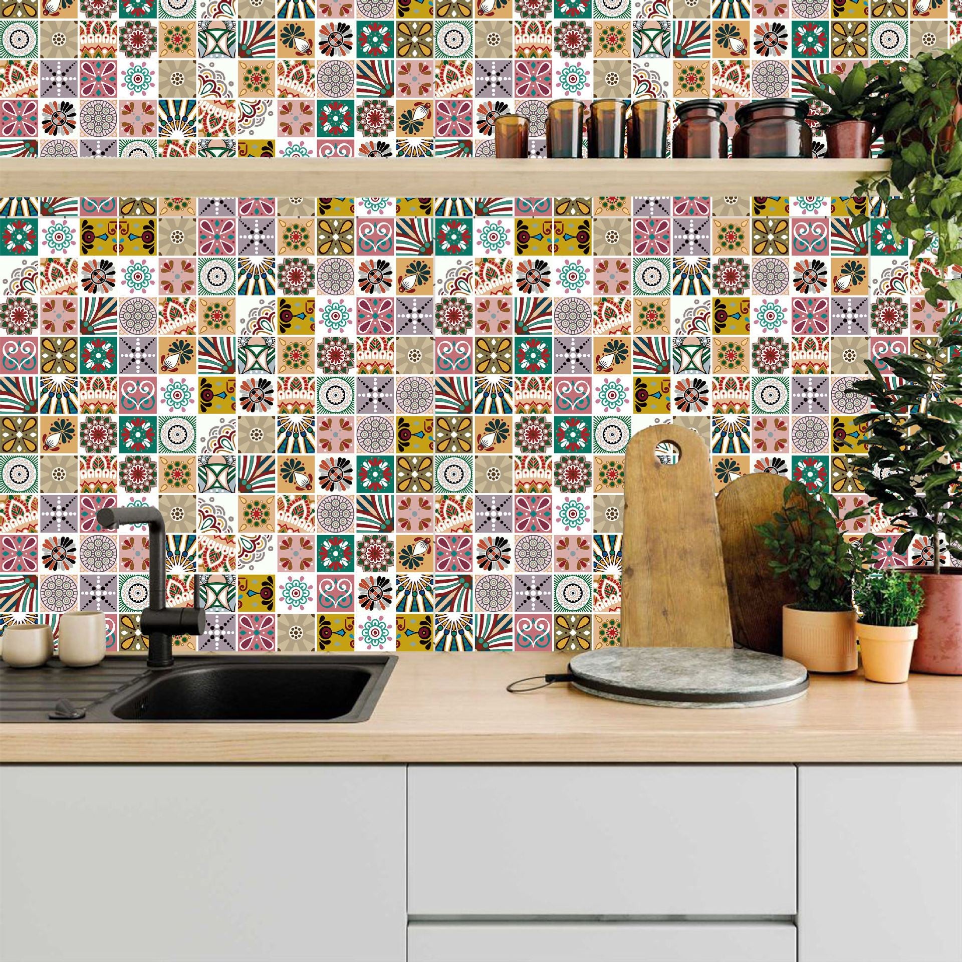 N31814 French Vintage Small Flower-Patterned Glass Mosaic Tiles-Cyan