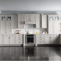 Denco27 Classic American Custom Kitchen Cabinets – Light Grey Raised Panel for a Warm, Timeless Kitchen