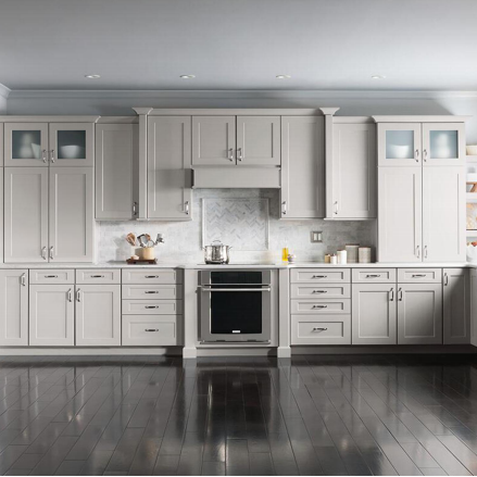 Denco27 Classic American Custom Kitchen Cabinets – Light Grey Raised Panel for a Warm, Timeless Kitchen