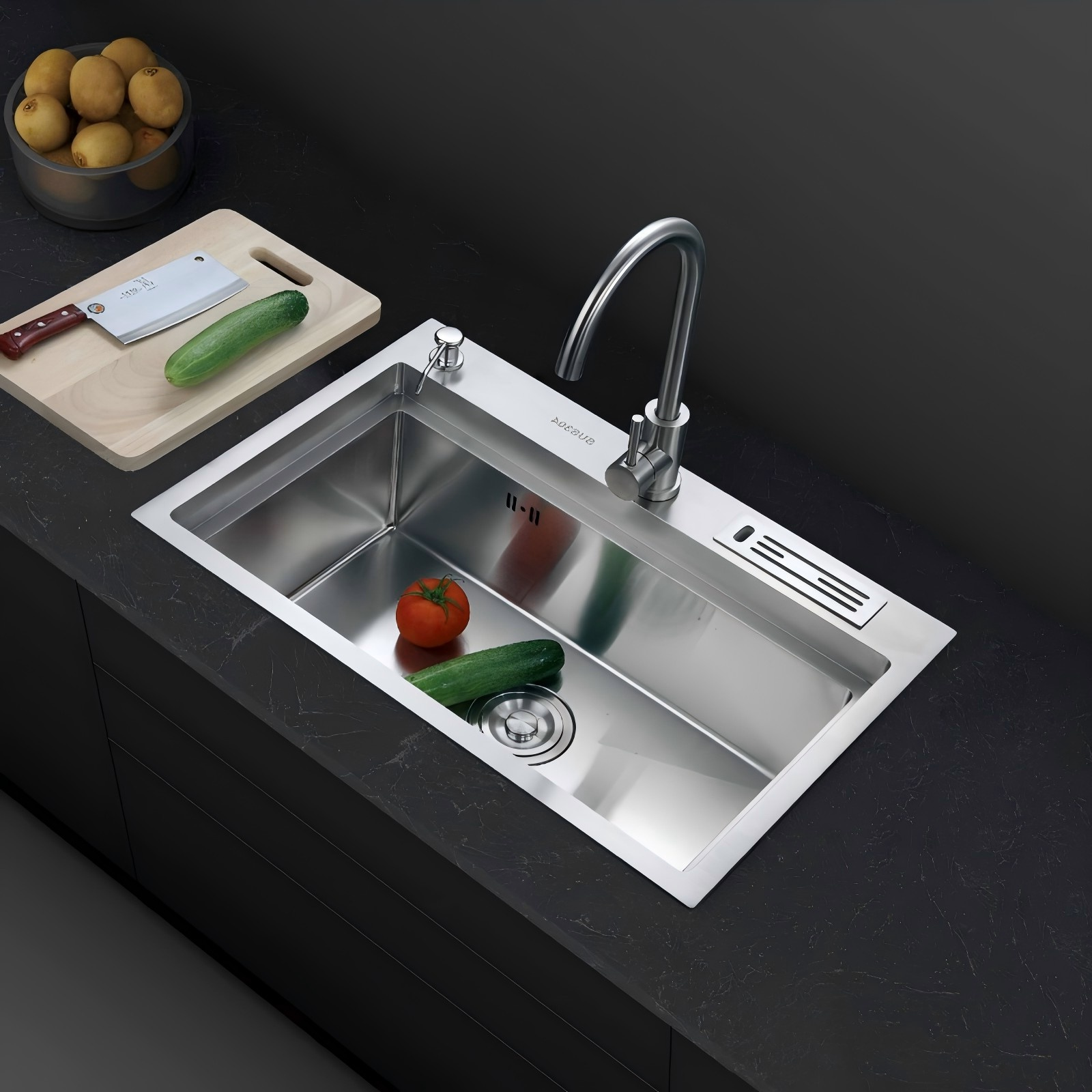 RP-103 Handmade Single Bowl Kitchen Sink with Knife Holder & Soap Dispenser