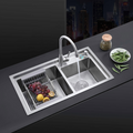 RP-111 Handmade Step Double Bowl Kitchen Sink, Nano Coated/Brushed Stainless Steel