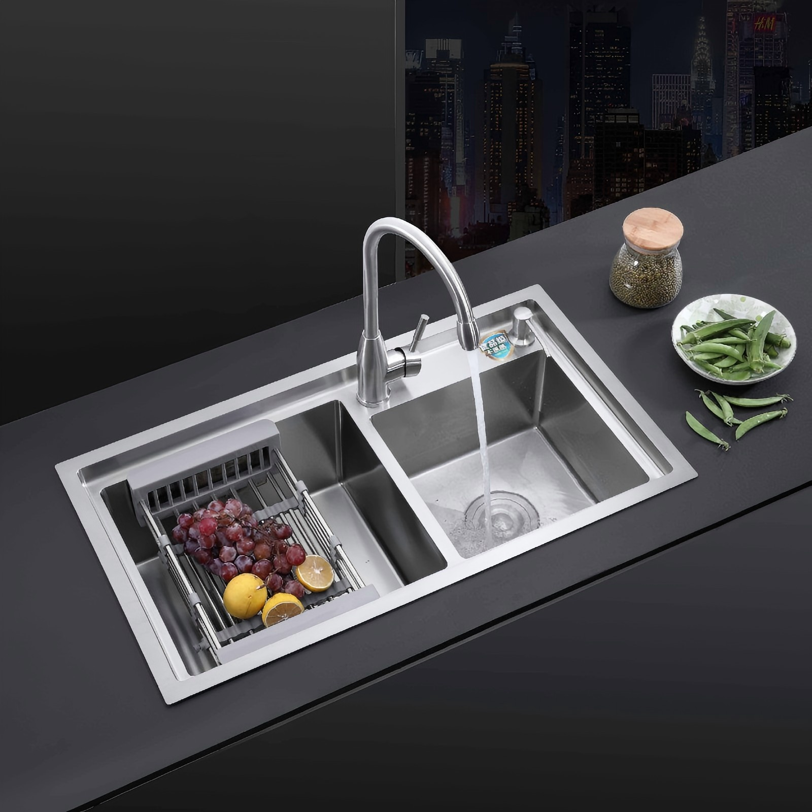 RP-111 Handmade Step Double Bowl Kitchen Sink, Nano Coated/Brushed Stainless Steel